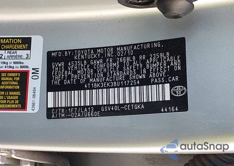 2011 Toyota Camry Xle V6 из США, поврежденный, VIN 4T1BK3EK3BU117254